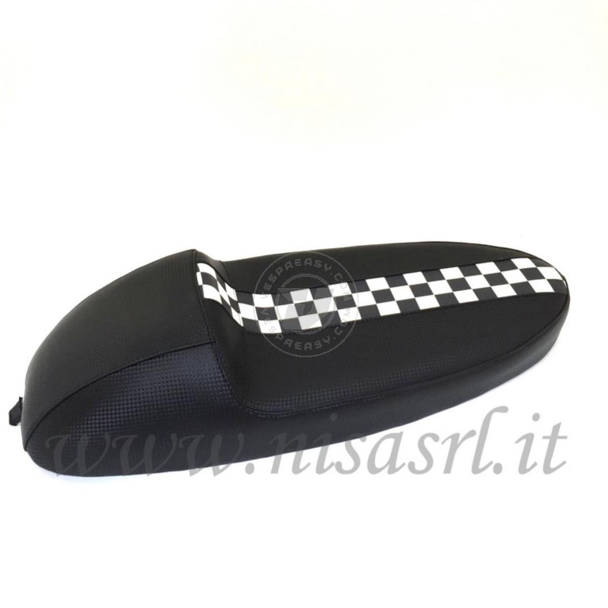 Sella CORSA per Vespa 50, Special, Et3 Primavera in ABS - cuscino nero con banda a scacchi