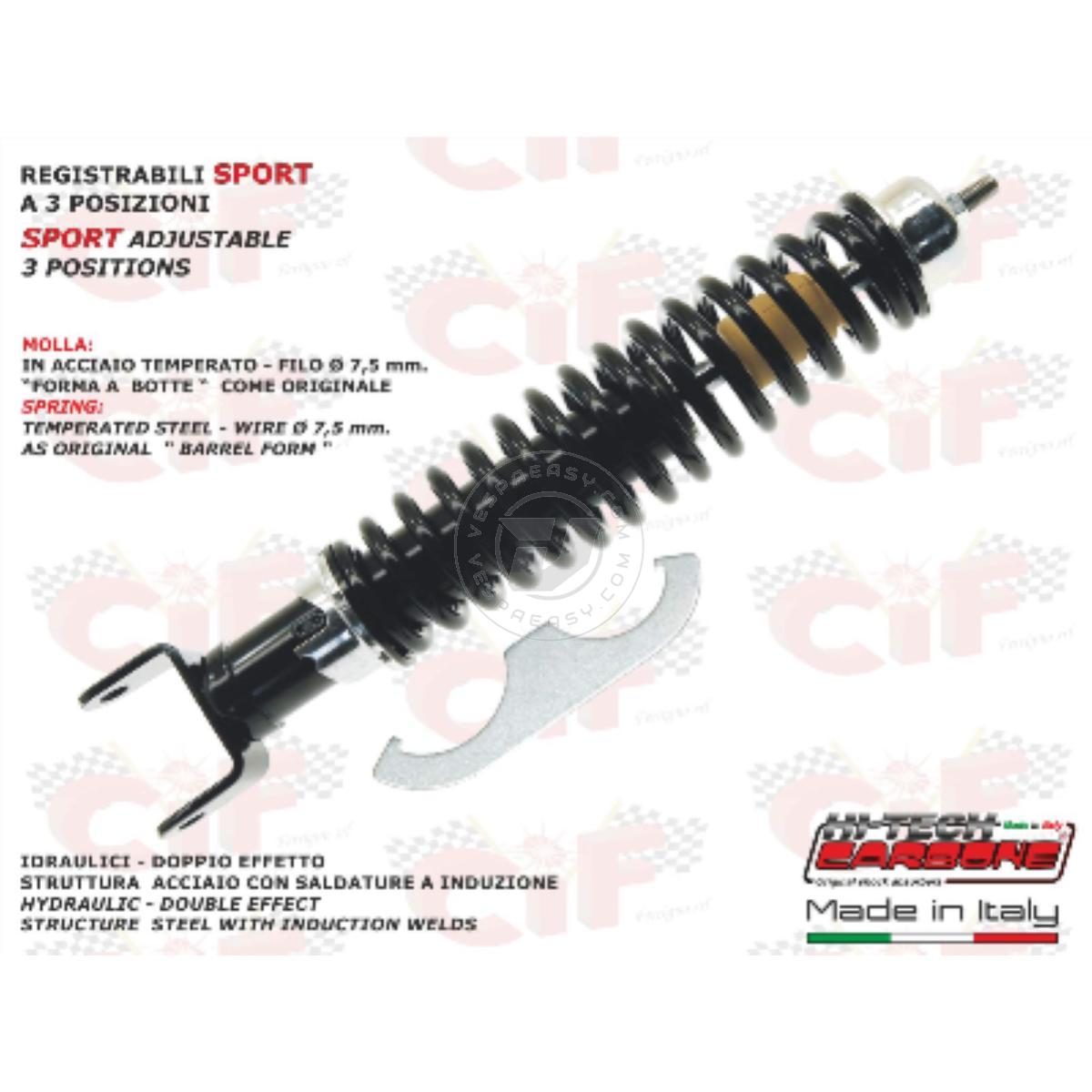 AMMORTIZZATORE POSTERIORE CARBONE REGISTRABILE VERSIONE SPORT " NERO " VESPA 50 90 125 150 200