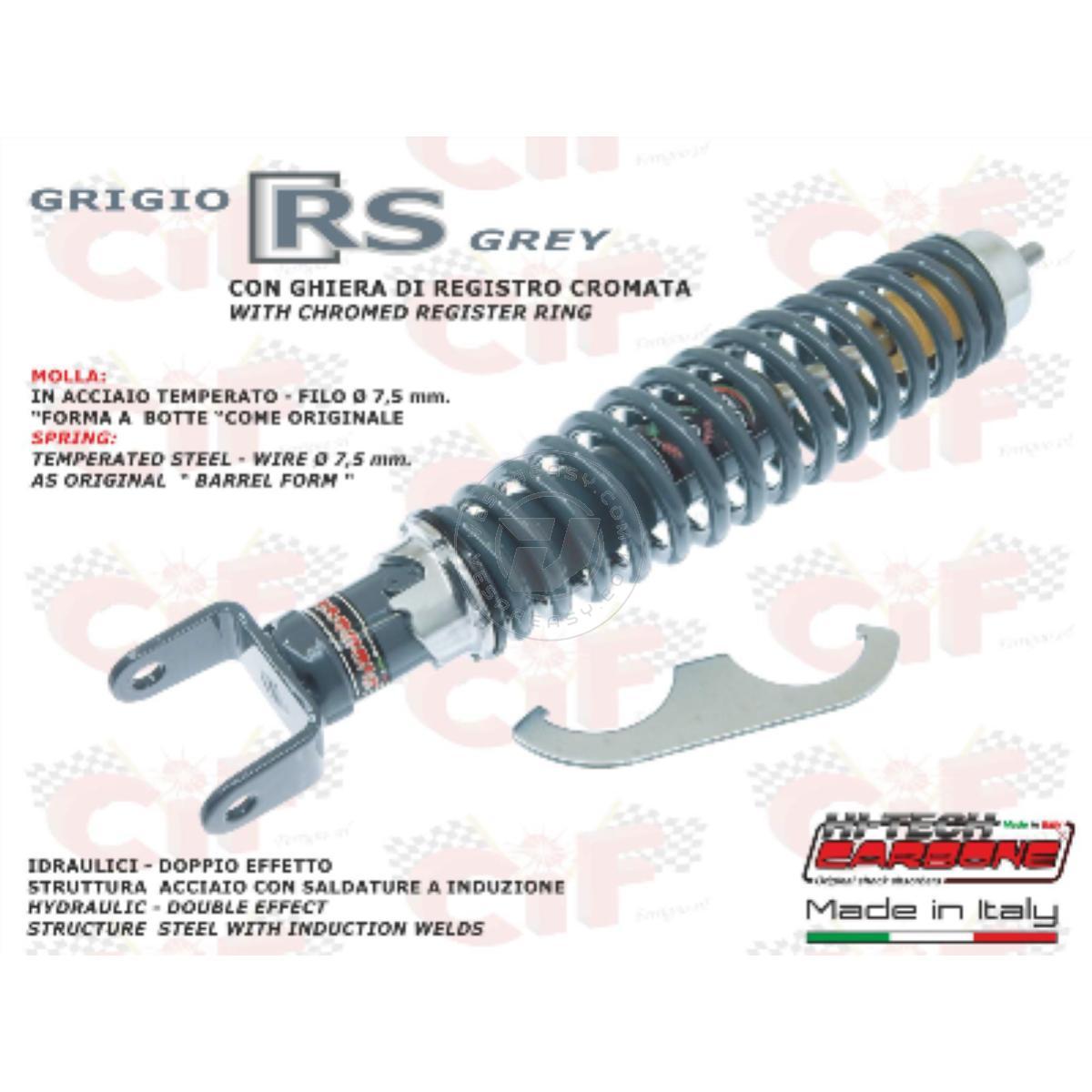 AMMORTIZZATORE POSTERIORE CARBONE REGISTRABILE "GRIGIO RS" CON GHIERA DI REGISTRO CROMATA VESPA 50 90 125 150 200