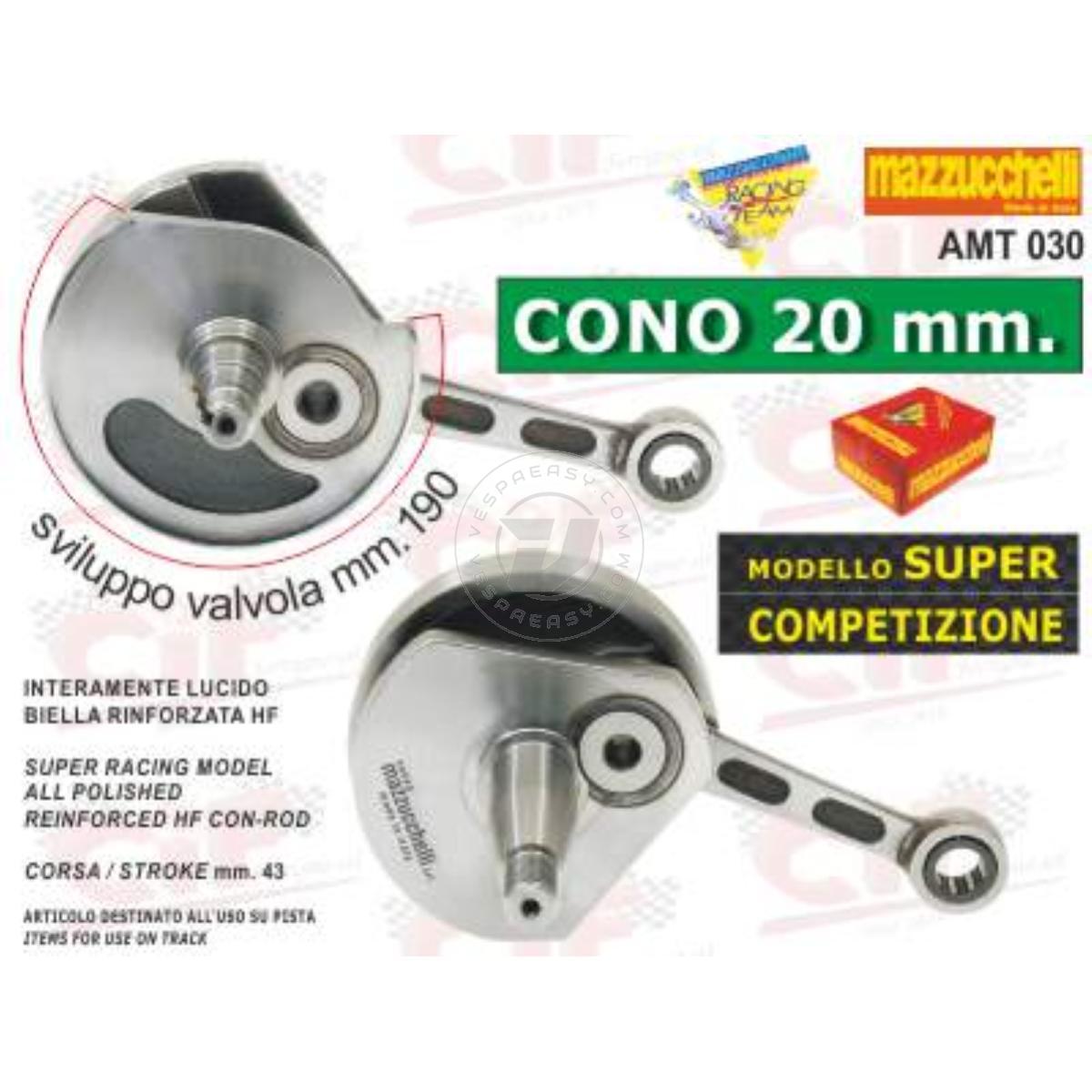ALBERO MOTORE SUPER COMPETIZIONE - TUTTO LUCIDO - CONO 20 mm. - CORSA mm.43 - BIELLA RINFORZATA HF - VESPA/APE