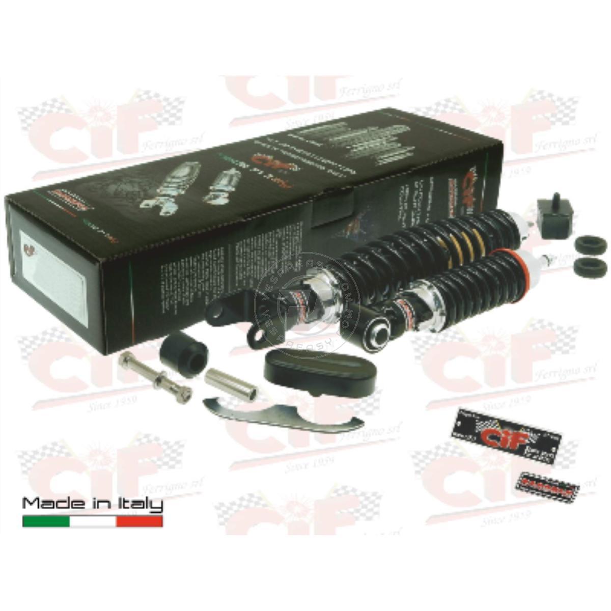 KIT " SPORT TUNING NERO" - AMMORTIZZATORE ANTERIORE+POSTERIORE VESPA 50/90/125 PRIMAVERA