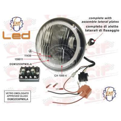 GRUPPO OTTICO A LED "SIEM" COMPLETO DI ALETTE LATERALI DI FISSAGGIO + CONVERTITORE VESPA PX 125/150/200