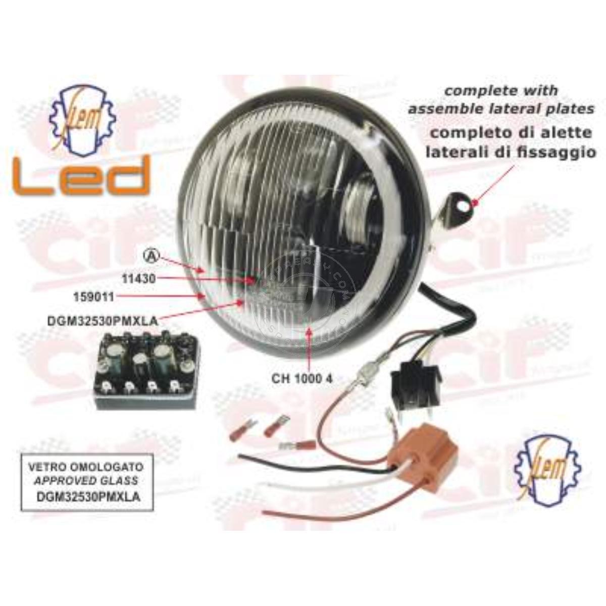 GRUPPO OTTICO A LED "SIEM" COMPLETO DI ALETTE LATERALI DI FISSAGGIO + CONVERTITORE VESPA PX 125/150/200