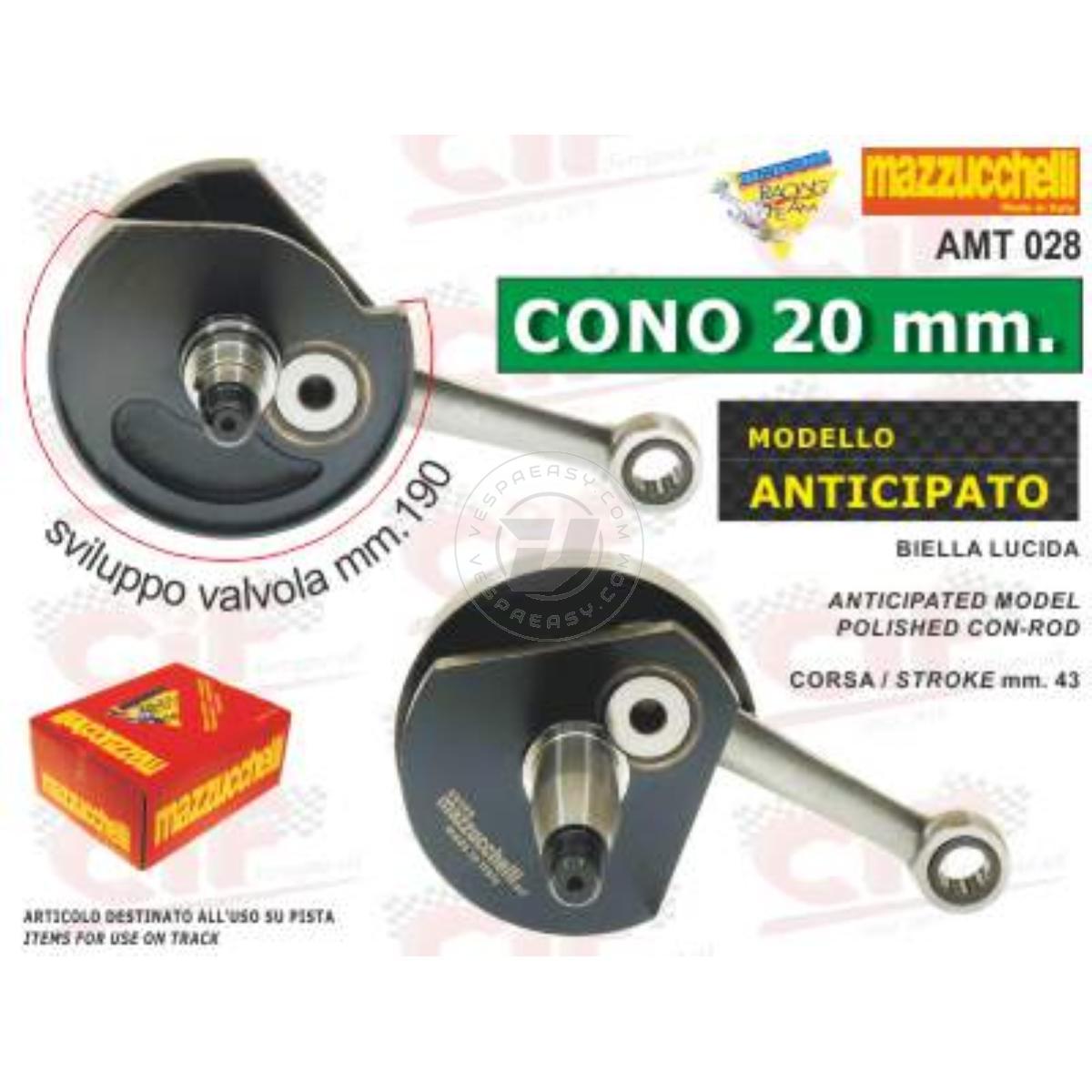 ALBERO MOTORE ANTICIPATO - CONO 20 mm. - CORSA mm.43 - BIELLA LUCIDA - VESPA/APE