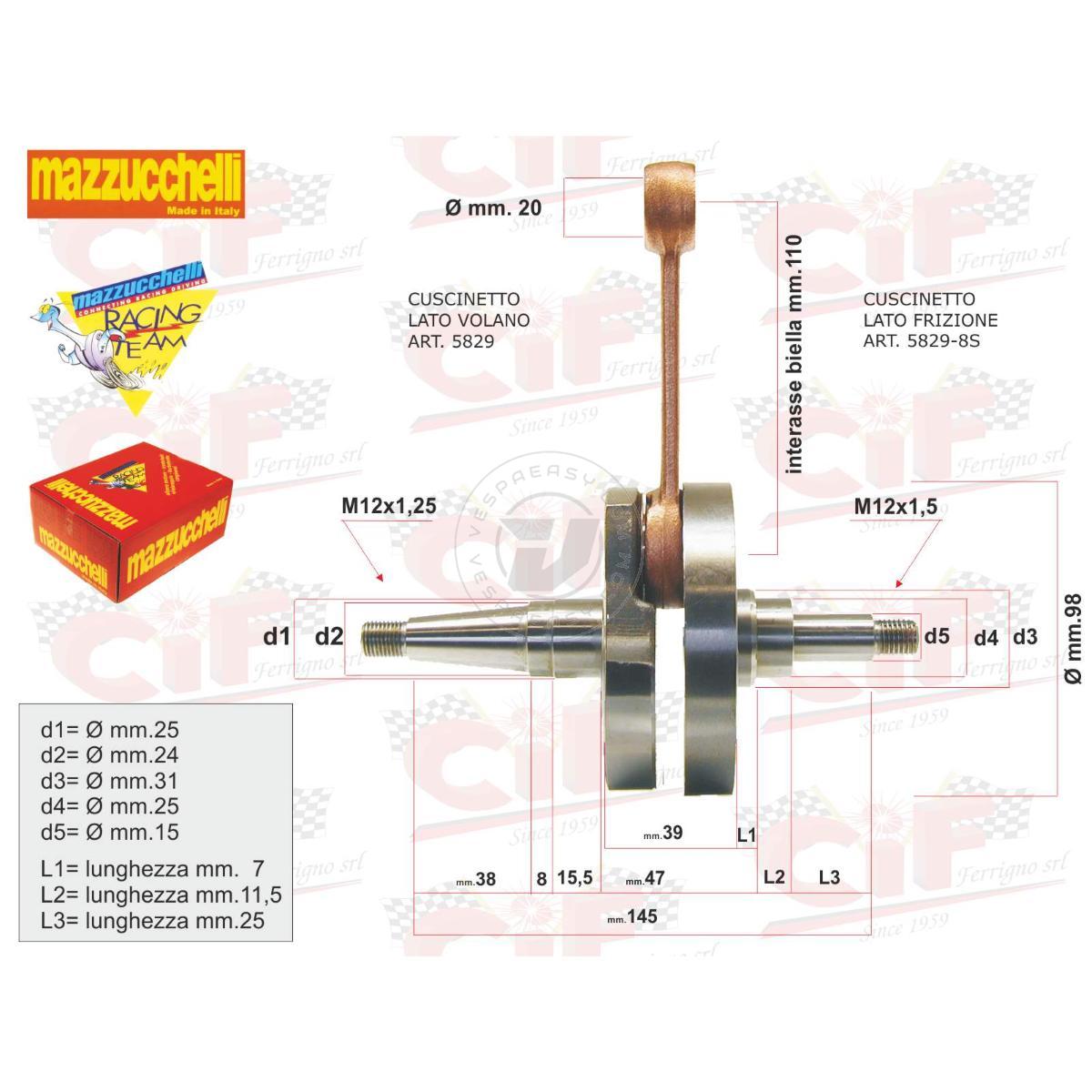 ALBERO MOTORE ANTICIPATO - CORSA mm.57 - BIELLA LUCIDA VESPA PE 200