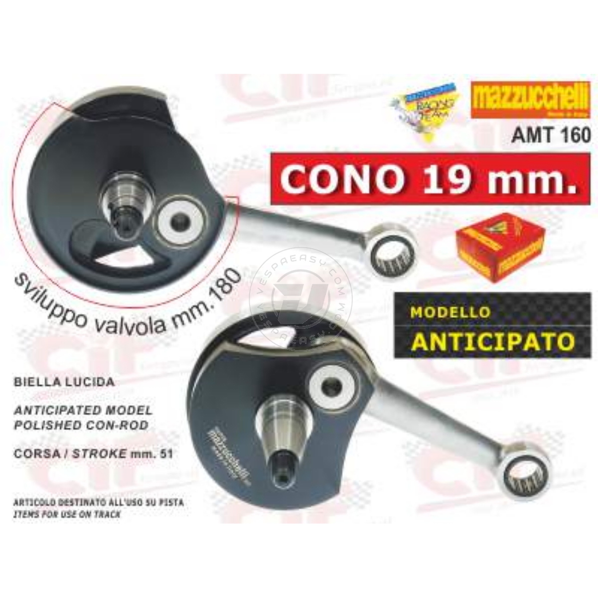 Albero motore MAZZUCCHELLI anticipato, cono 19, biella 97, corsa 51, Vespa 125 ET3 Primavera