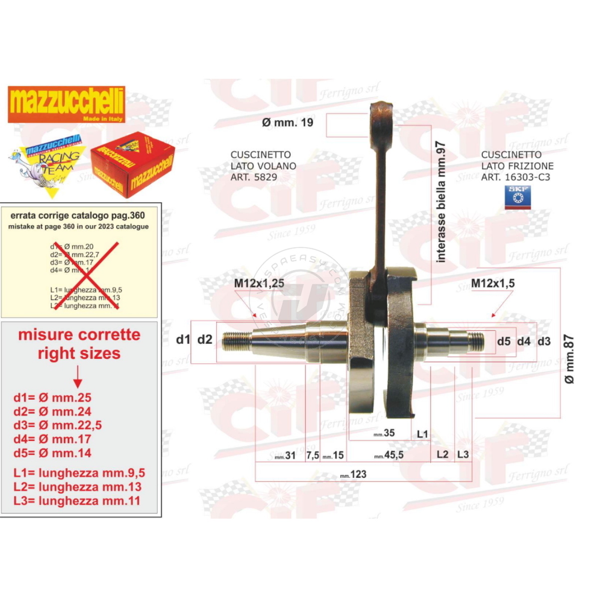Usa la rotella di scorrimento del mouse per ingrandire l'immagine  Albero Motore Anticipato , Corsa 51 , Spalle 83 , Biella 97 , per Piaggio Vespa PK 125 ETS , N , XL , XL2